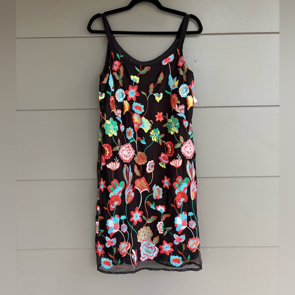 NWT Tribal Femme Black Embroidered Floral Mini Dress